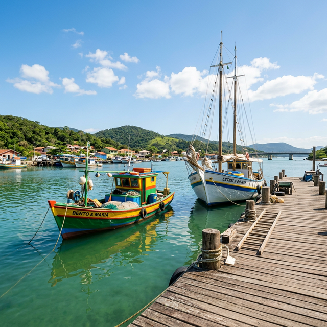Atracadouro rústico de madeira com barcos de passeio na Barra da Lagoa