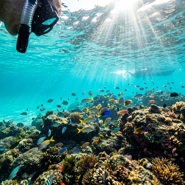 Mergulhador explorando o fundo do mar cristalino com peixes tropicais ao redor das pedras
